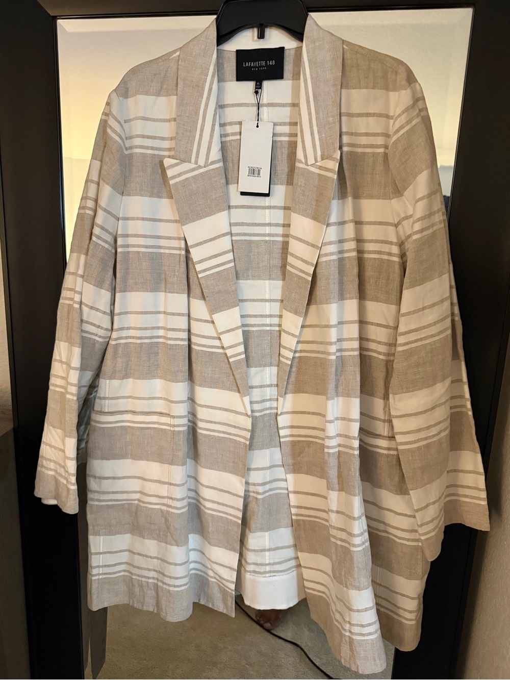 Lafayette 148 New York Beige and White Striped Linen-Blend Open Jacket